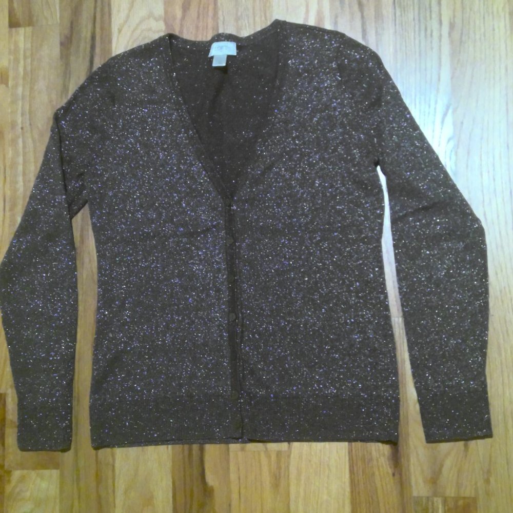 Loft Brown Button Down V-Neck Cardigan Sweater with Gold Shimmer Small worn once